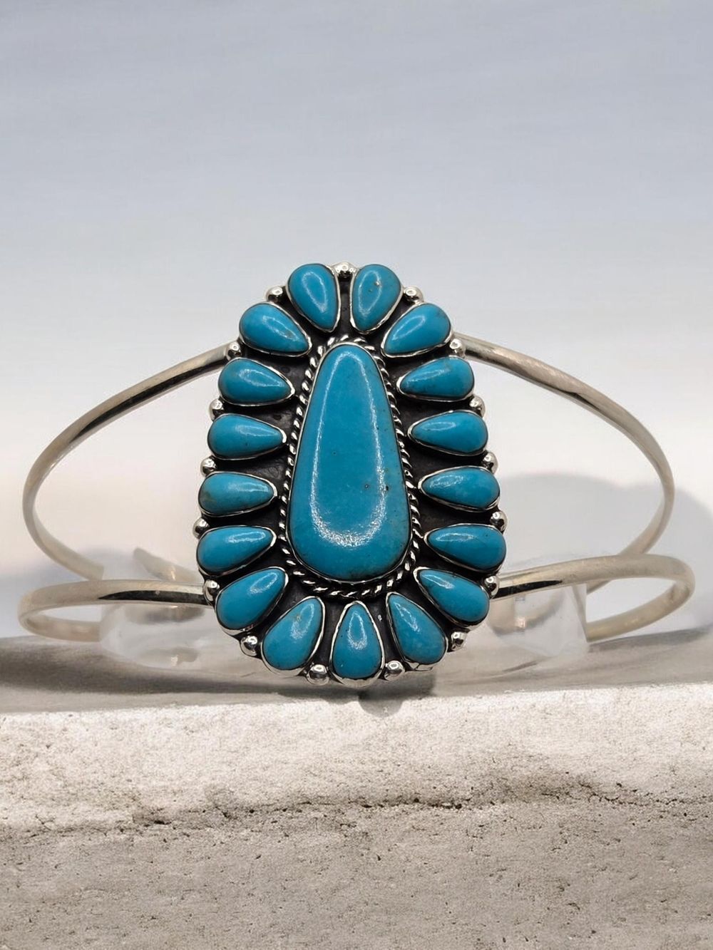 Artisan Turquoise Cluster Cuff Bracelet Sterling Silver Native Style